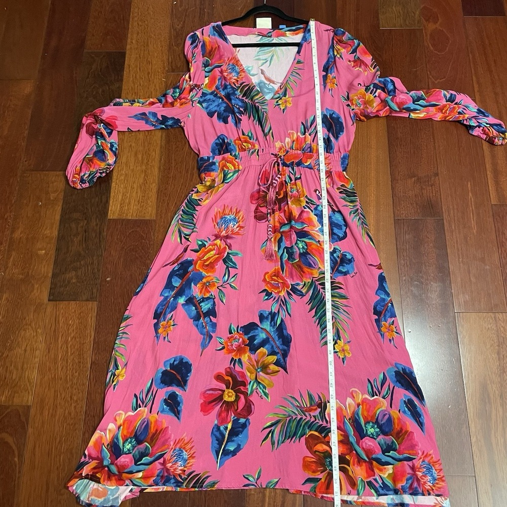 Farm Rio V-Neck Long Sleeve Floral Midi Dress Boho Tropical Pink Sz L B39 - Picture 14 of 15
